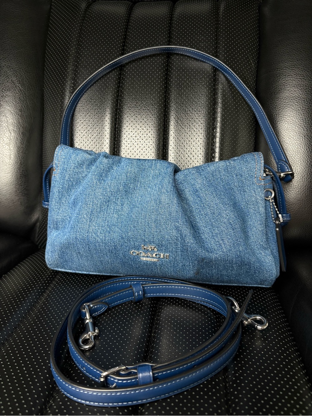 COACH Blue Denim Shoulder Bag with Navy Leather Trim